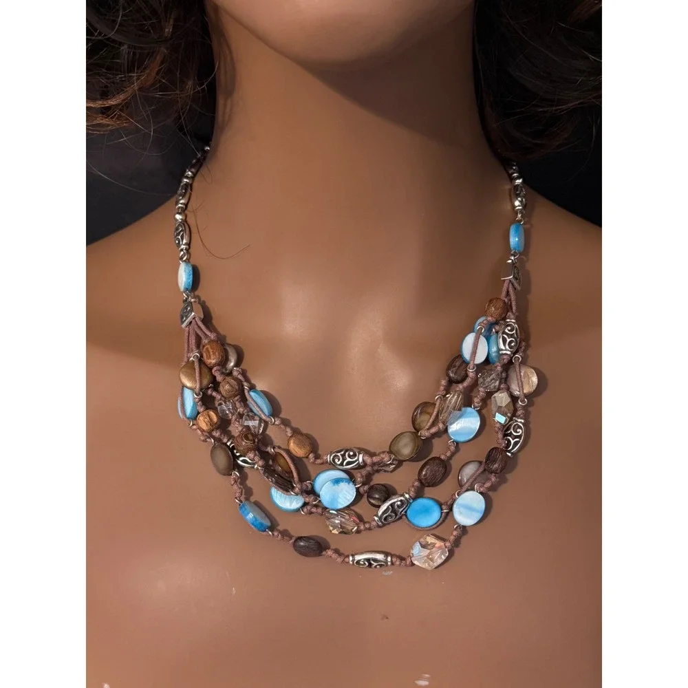 Brighton Multi Strand Shell Wood Bead Necklace Silver Tone Blue Brown 18-20